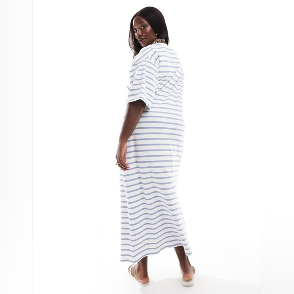 ASOS DESIGN Curve short sleeve with twist detail midi dress blue & cream stripe - Picture 2 of 4